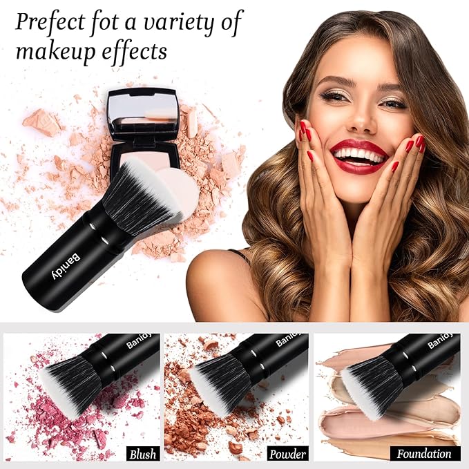 Foundation Makeup Brush Flat Top Kabuki Face Blush Liquid Powder Foundation Brush Retractable Travel Brush for Blending Liquid, Cream or Flawless Powder Cosmetics