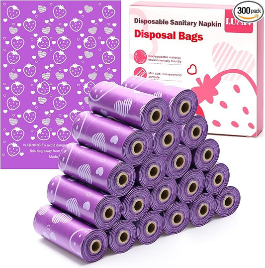 300P Sanitary Napkin Disposal Bags, Luxiv Disposable Sanitary Bags Rolls Personal Care Disposal Bag for Diapers, Tampons, Pad Period Bag Disposal Feminine Hygiene Products Bags with Scent (Purple)