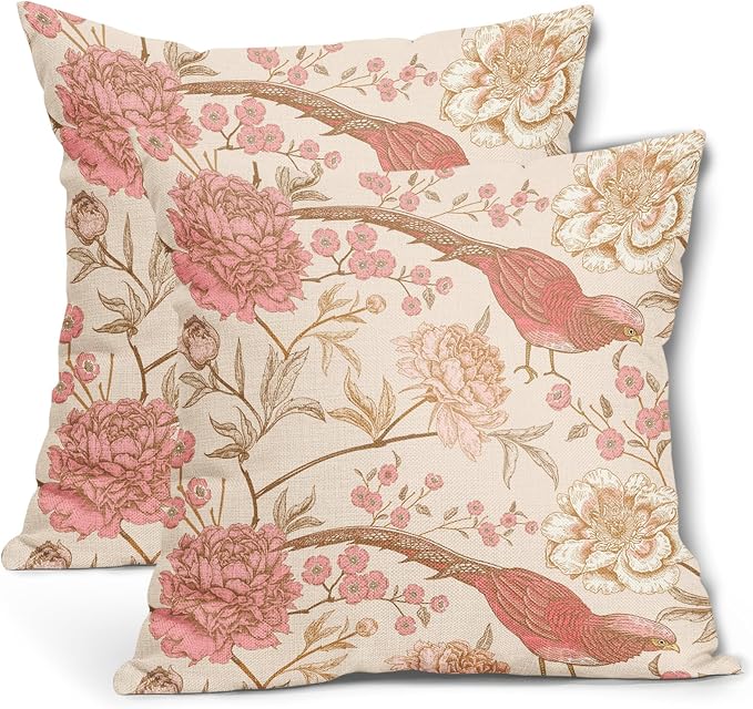 Flowers Birds Pillow Covers 20X20 Inch Set of 2 Pink White Roses Floral Leaf Decorative Pillow Cases Art Retro Gold Cotton Linen Cushion Case Vintage Home Decor for Sofa Couch Porch Outdoor