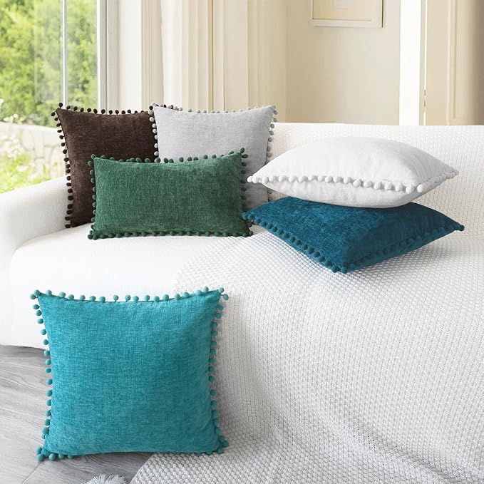 CaliTime Decorative Couch Throw Pillow Covers 22 X 22 Inches True White | Pack of 2, Cozy Chenille Cushion Cases, with Pom Poms for Sofa Bed Living Room Farmhouse Home