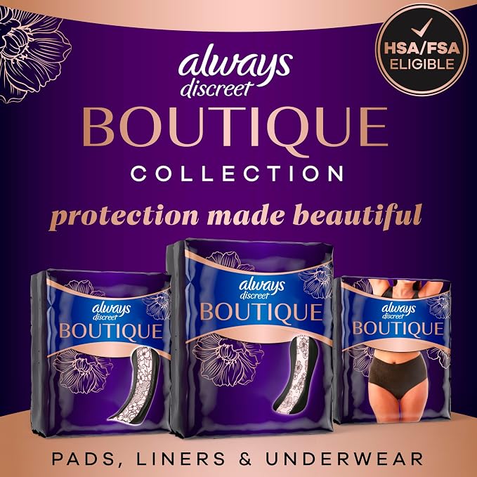 Always Discreet Boutique Adult Incontinence Bladder Leak Panty Liners for Women, Very Light Absorbency, Long Length, Up to 100% Bladder Leak Protection, 32 Count