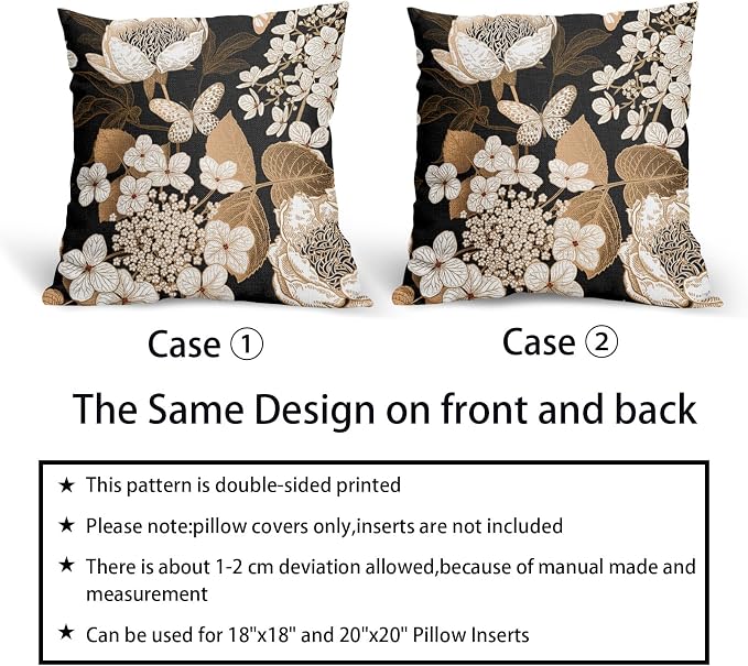 Vintage Floral Pillow Covers 24X24 Inch Set of 2 White Flowers Gold Leaves Botanical Decorative Pillow Cases Rustic Leaf Black Cotton Linen Cushion Case Farmhouse Home Decor for Sofa Couch