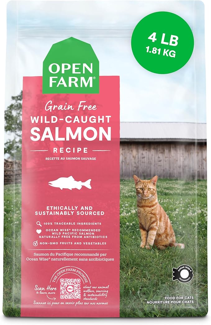 Open Farm Grain Free Dry Cat Food, Wild-Caught Salmon Kibble, 4lb Bag | All Life Stages, High Protein, Prebiotic Fibers, 100% Traceable Ingredients, Non-GMO Fruits & Veggies.