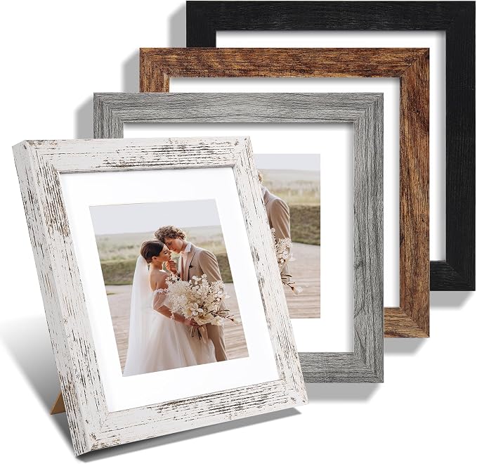 Hongkee 8x8 Picture Frame Set of 4, Made of Glass and Multicolour Wooden Frame, 8 by 8 Photo for Wall or Tabletop - Display Picture 6x8 with Mat or 8x8 Without Mat