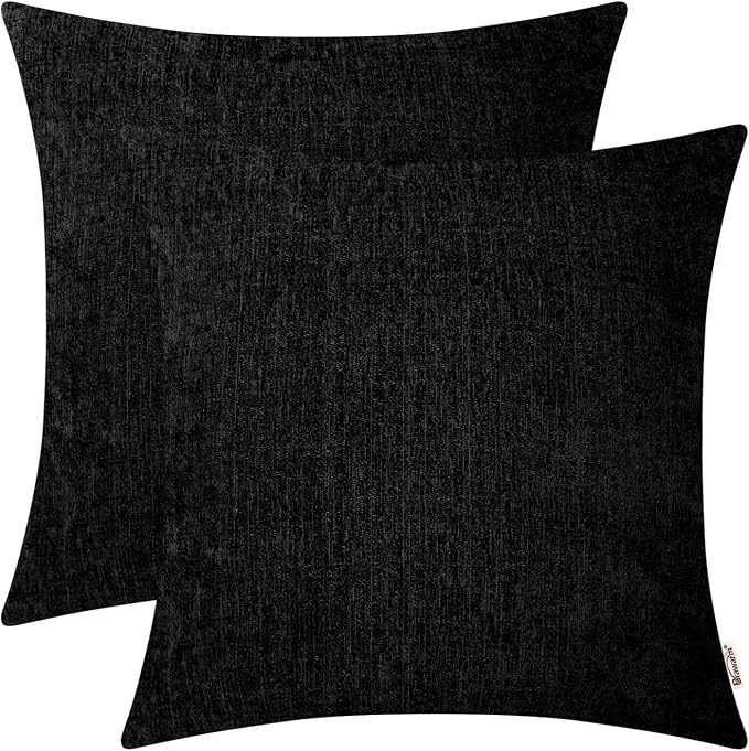 BRAWARM Throw Pillow Covers 18x18 Inches - Black Chenille Pillow Covers Pack of 2, Solid Dyed Soft Chenille Pillow Cases for Couch Sofa Bed Home Decoration