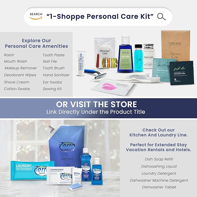 Terra Pure Hotel Soaps and Toiletries Bulk Set | 1-Shoppe All-In-Kit Amenities for Hotels | 1oz Hotel Shampoo & Conditioner, Body Wash, Body Lotion & 1.25oz Bar Soap Travel Size Toiletries | 75 Pieces