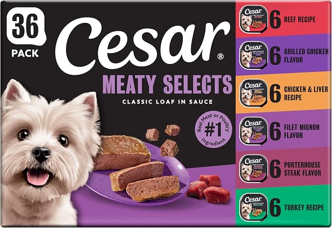 Cesar Classic Loaf in Sauce Wet Dog Food, Meaty Selects, 3.5 oz, 36 Count | Made in USA, Real meat #1 ingredient, no fillers or artificial flavors, formulated without grains, easy peel trays