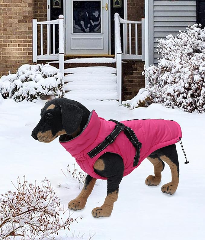 Winter Warm Coat Geyecete Waterproof Dog Jacket with Harness Traction Belt,Pet Outdoor Jacket Autumn and Winter Clothes for Medium, Small Dog-Pink-L