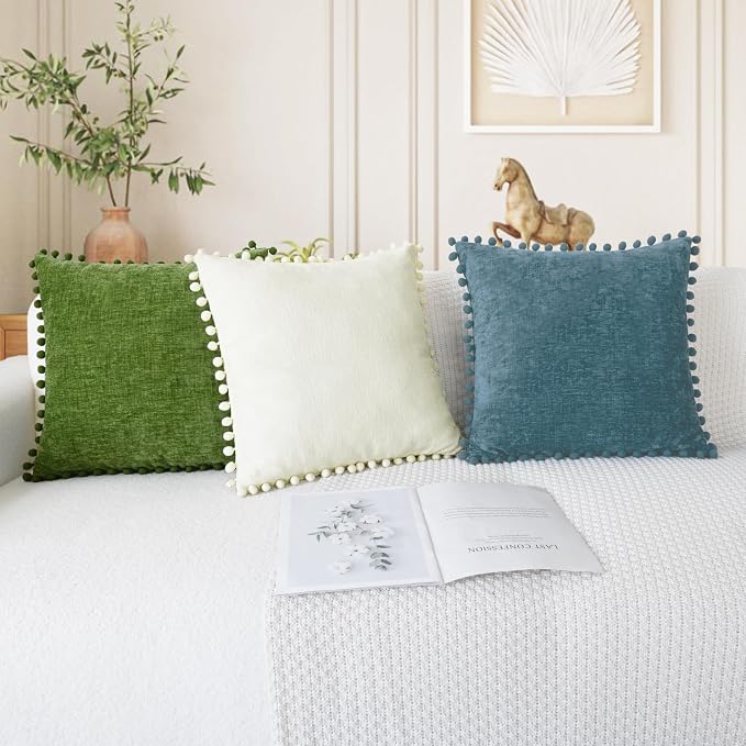 CaliTime Decorative Couch Throw Pillow Covers 18 X 18 Inches Cream | Pack of 2, Cozy Chenille Cushion Cases, with Pom Poms for Sofa Bed Living Room Farmhouse Home