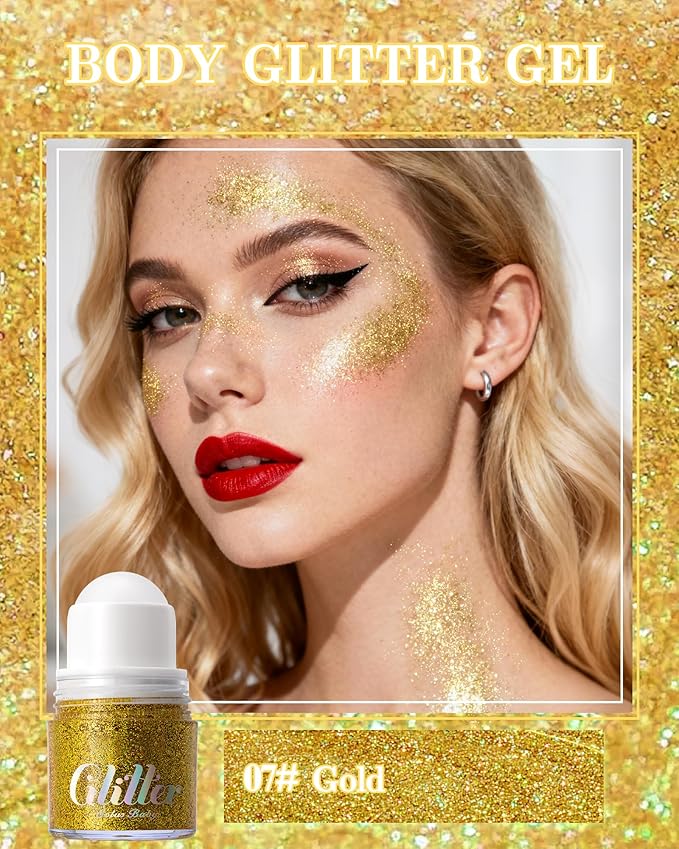 Roll-on face Body Glitter Gel, Holographic Gold Long Lasting Body Glitter Gel for Face Hair, Mermaid Makeup Chameleon Shimmer Sequins, Christmas Festival Party Rave Accessories for Women Gifts-07