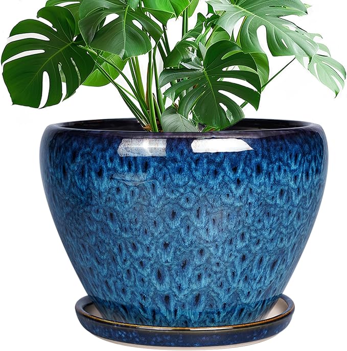 Ceramicfor 10 Inch Ceramic Planter Pot, Ceramic Plant Pot for Indoor Outdoor Plants, Large Flower Pot with Drainage Hole and Saucer, Blue
