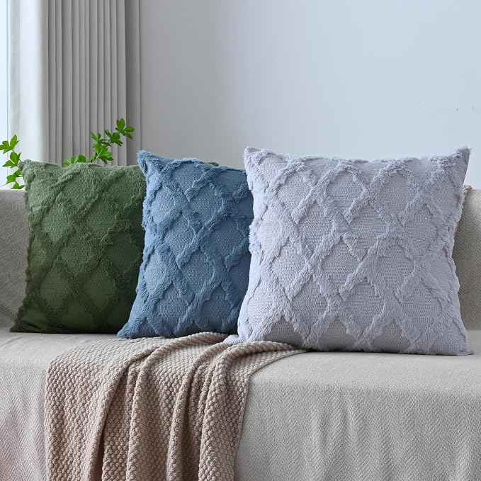 Set of 2 Soft Moroccan Throw Pillow Covers 16x16 Inch Plush Boho Decorative Pillow Cover Accent Cushion Case for Couch Sofa Bed, Olive Green
