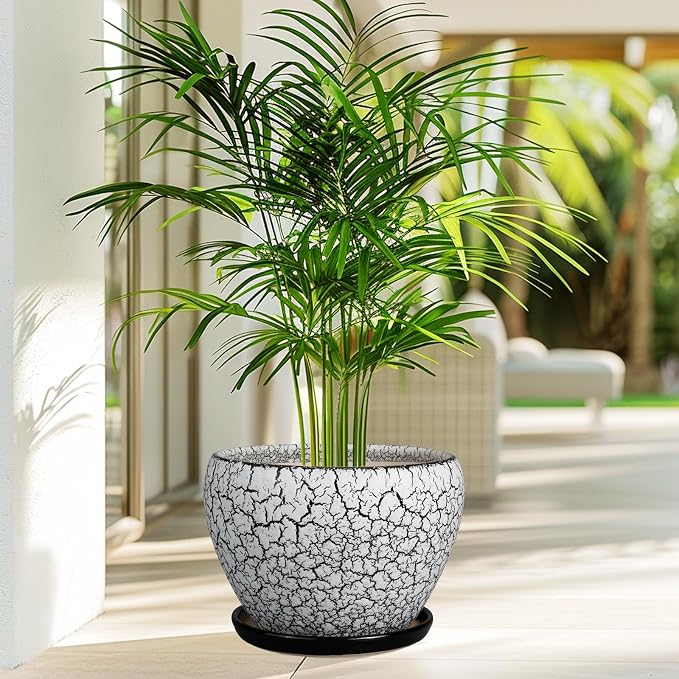 Ceramicfor Ceramic Planters for Indoor Plants - 10 Inch Plant Pot with Drainage Hole and Saucer, Large Flower Pot for Home Decor, White/Black