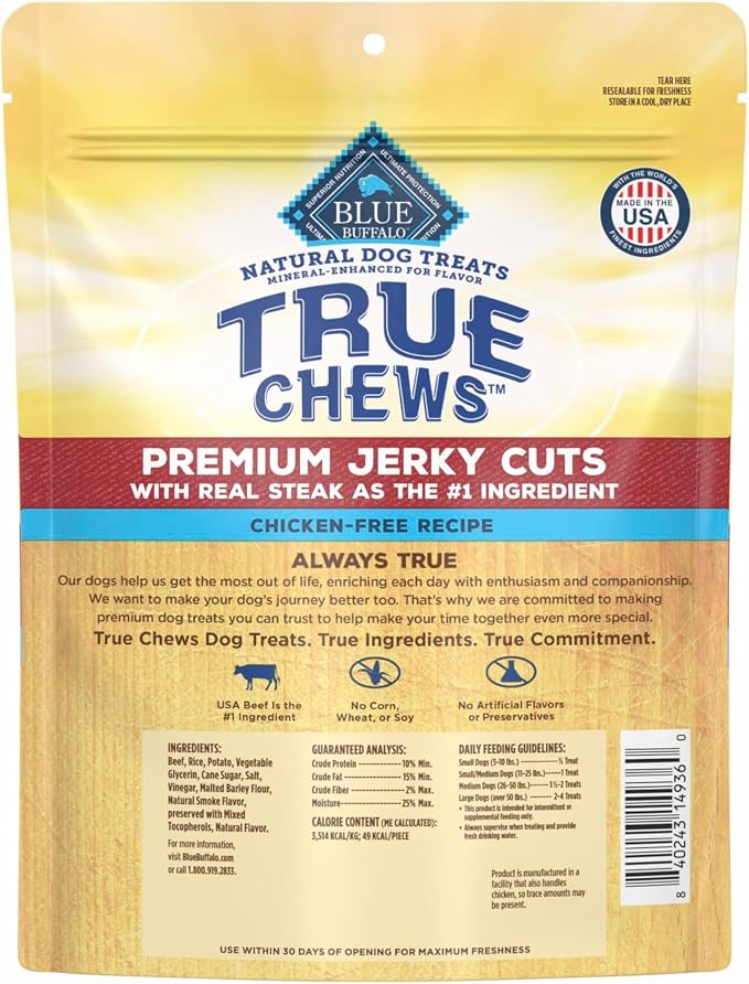 Blue Buffalo True Chews Premium Jerky Cuts Steak Dog Treats, 10 oz | Chicken-Free Recipe, Real Steak First, Made in the USA, No Artificial Preservatives