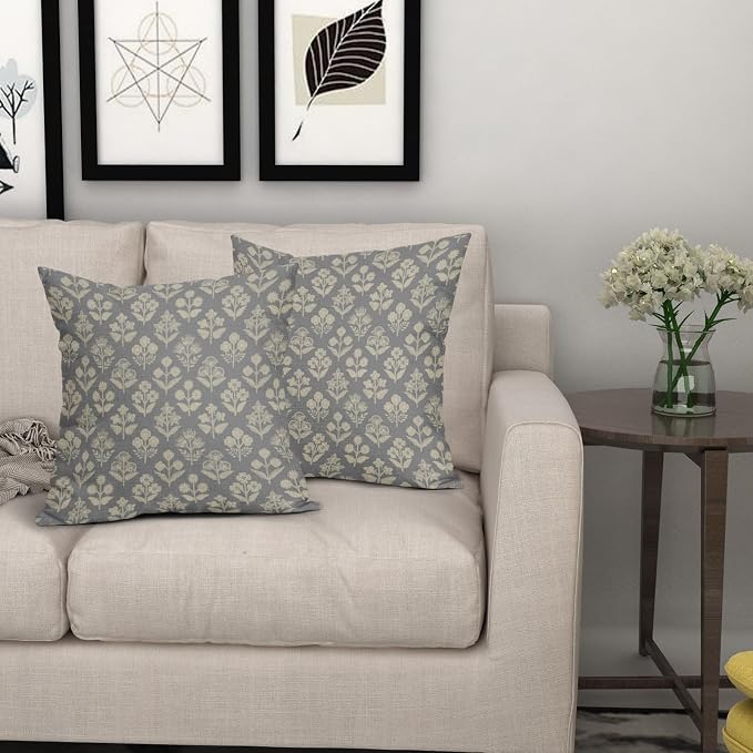 Grey Gray Floral Block Print Pillow Covers 20x20 Inch Set of 2, Vintage Flower Pattern Decorative Throw Pillowcases Outdoor Farmhouse Cushion Covers Spring Summer Rustic Sofa Couch Bed Decor