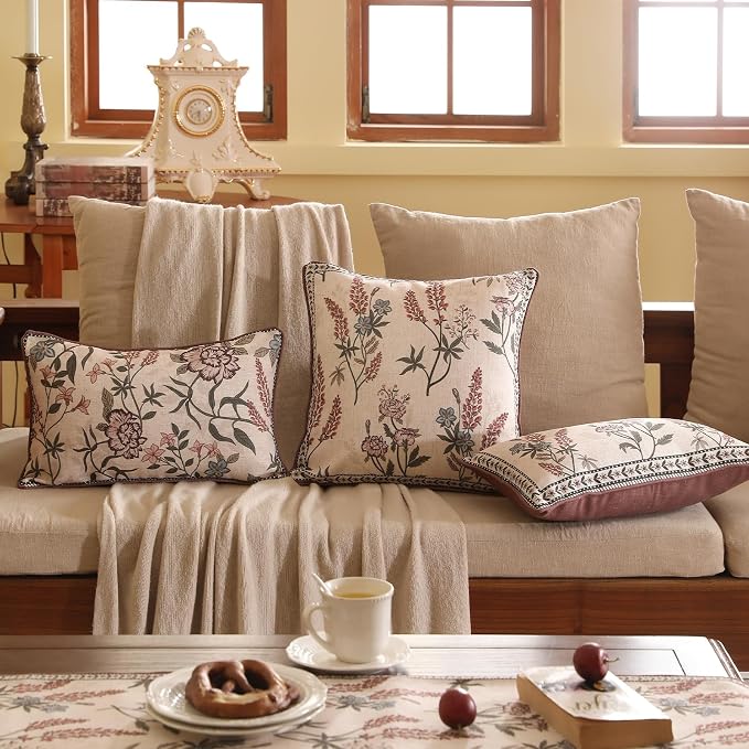 Designer Vintage Linen Throw Pillow Cover,20"x12"-Helena B | Elegant French Rectangle Pillow Cover,Concealed Zipper Design,Floral Pattern,Sofas,Bedroom,Living Room,Lounge Chairs