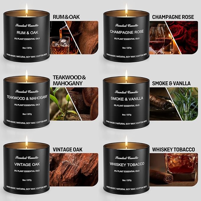 Scented Candles Gift Set for Men - 6 Pack Soy Wax Masculine Candles, Long Lasting Smokey & Wood Scents: Whiskey Tobacco, Teakwood, Vintage Oak - Ideal Birthday & Gifts for Men, Dad, Husband