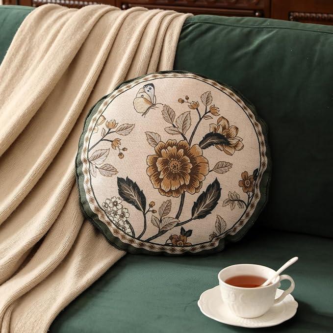 Vintage Linen Throw Pillow Cover,Set of 2,Diameter 16"-Murad D | Designer French Pillow Cover,Concealed Zipper Design,Sofa,Bedroom,Living Room,Lounge Chairs,All Season Home Decor
