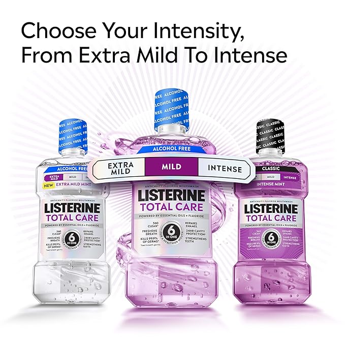 Listerine Total Care Alcohol-Free Mild Mouthwash, 6 Benefit Oral Rinse to Help Kill 99.9% of Germs That Cause Bad Breath, Strengthen Enamel, Mild Mint Flavor, 1 L