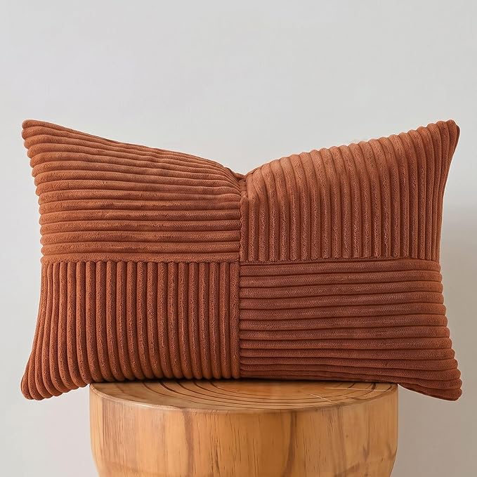 Fancy Homi Rust Lumbar Decorative Throw Pillow Covers 20x28 Inch for Living Room Couch Bed, Rustic Farmhouse Boho Home Decor, Soft Striped Corduroy Rectangle Accent Terracotta Cushion Case 50x70 cm