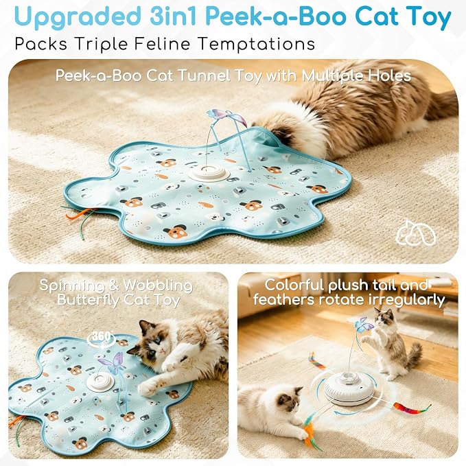 Interactive Cat Toys, Rechargeable with Auto Play and Bird Chirps | 3-in-1 hide and seek mat with fluttering butterfly, moving feather and plush tail. Perfect for indoor adult cats and kittens