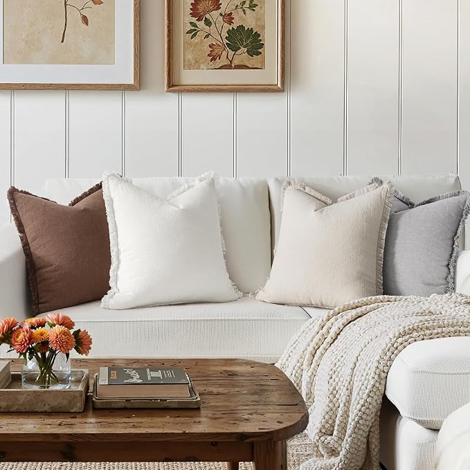 MIULEE Fall Linen Fringe Pillow Covers Set of 4 18x18 Beige/Brown/Grey | Boho Farmhouse Decorative Throw Pillow Covers, Neutral Soft Rustic Cushion Cases, for Couch Sofa Bed Living Room Home Decor