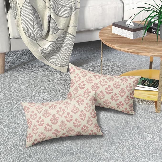 Pink Floral Pillow Covers 12x20 Inch Set of 2, Block Print Lumbar Flower Cream Decorative Throw Pillowcases Outdoor Farmhouse Rectangle Cushion Covers Spring Summer Sofa Couch Bed Decor