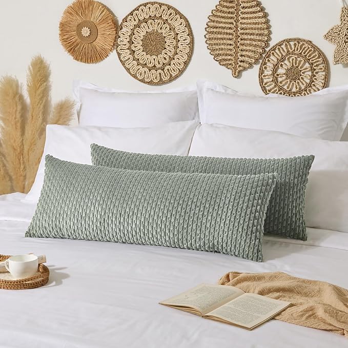 Kevin Textile Soft Corduroy 20"x54" Body Pillow Cover 1 Pack, Grey Green | Boho Stripe Plush Corduroy Decorative Oblong Cushion Cover Modern Farmhouse Home Decor for Sofa Couch Bed Chair