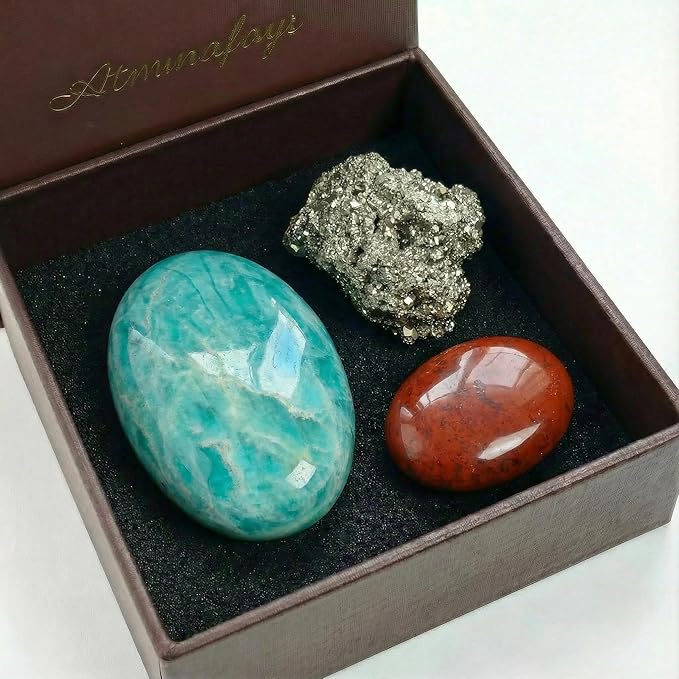 Abundance Crystal Trio: Raw Pyrite, Amazonite, Red Jasper | Wealth, Success & Worry Relief | Meditation, Travel Protection & Chakra Balancing | Gift Set with Guidebook & Velvet Pouch