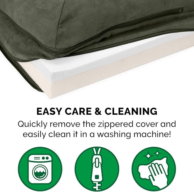 Furhaven Memory Foam Dog Bed for Large/Medium Dogs w/ Removable Bolsters & Washable Cover, For Dogs Up to 55 lbs - Two-Tone Plush Faux Fur & Suede L Shaped Chaise - Dark Sage, Large