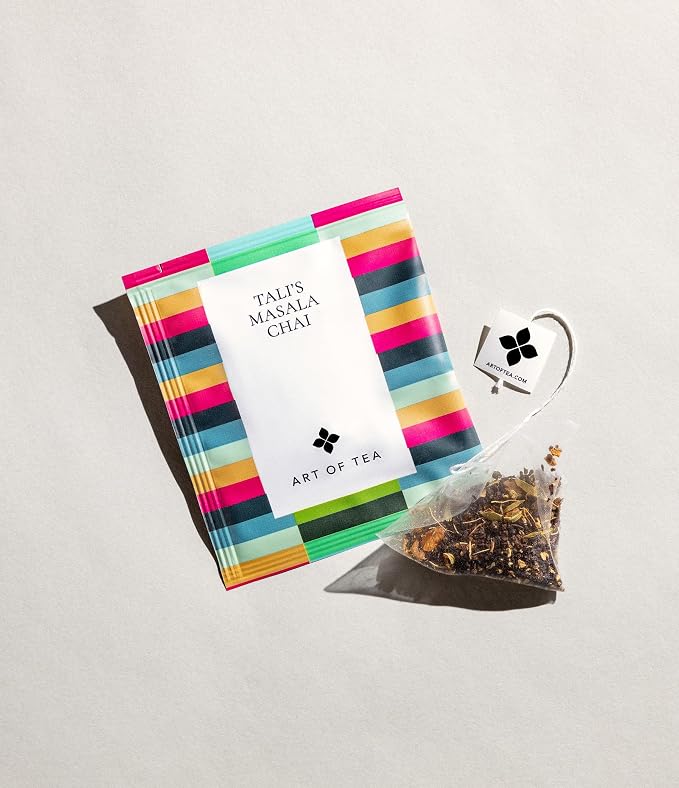 Art of Tea Organic Talis Masala Chai Tea Bags 50 Count, Premium Assam Black Tea with Cardamom, Cinnamon & Ginger, Pyramid Sachets, Spiced Chai Tea for Chai Latte & Hot Tea