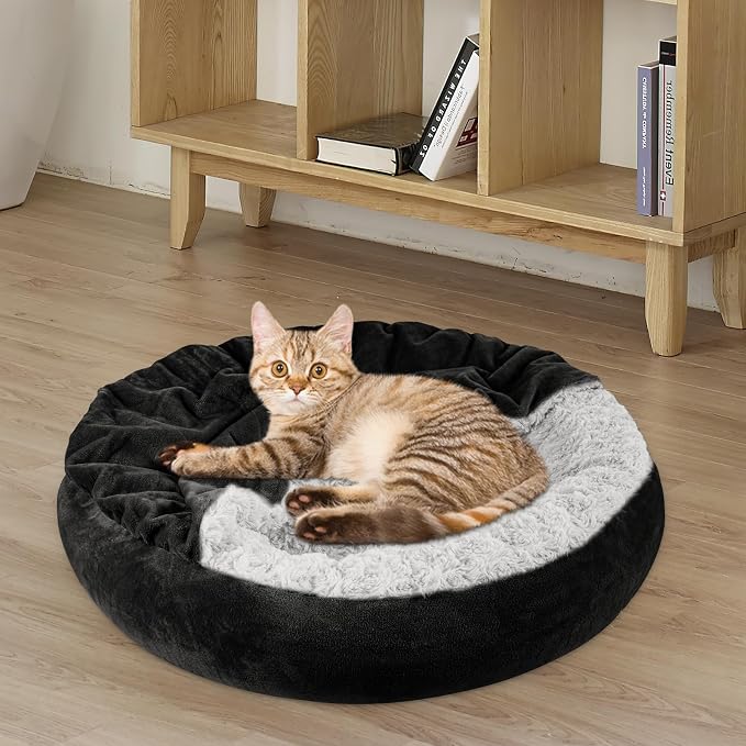 JOEJOY Small Dog Bed Cat Bed with Hooded Blanket, Cozy Cuddler Luxury Puppy Pet Bed, Donut Round Calming Anti-Anxiety Dog Burrow Cave Bed - Anti-Slip Bottom and Machine Washable 23 inch