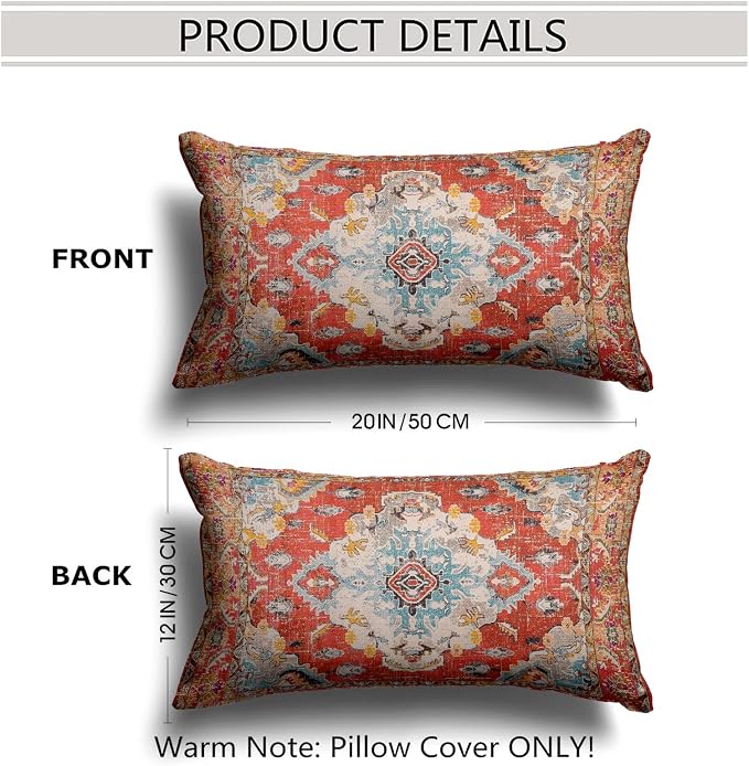Snycler Boho Throw Pillow Covers 12x20 inch Set of 2 Boho Rug Carpet Double Sided Pattern Cotton Soft Pillow Case Cushion Cover Pillowcase for Couch Sofa Bed Decorative (Orange)