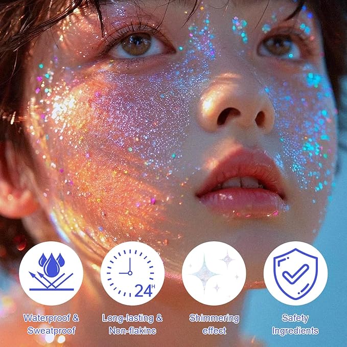 Roll-on Holographic Body Glitter Gel for Face and Hair, Chameleon Color Changing Glitter Gel Under Light, Chunky Mermaid Sequins Festival Party Rave Accessories Body Shimmer Makeup (Sparkling Pink)