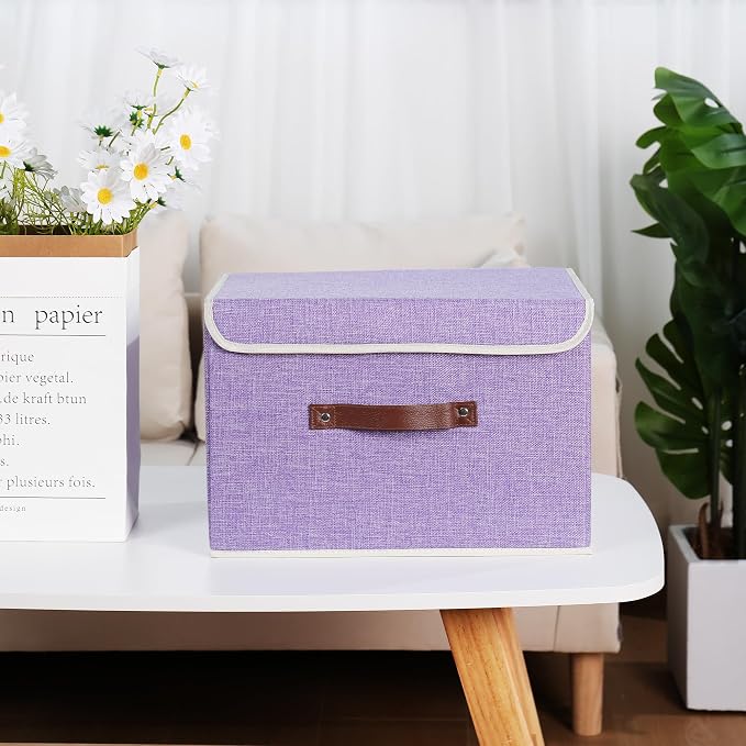 ANMINY Fabric Storage Box Bins with Lids, Purple, 15"x10"x10", 4 Pack | Keepsake Memory Storage, Cotton Linen, PP Board Reinforced, Washable, PU Handles, Foldable & Stackable, Decorative, Large