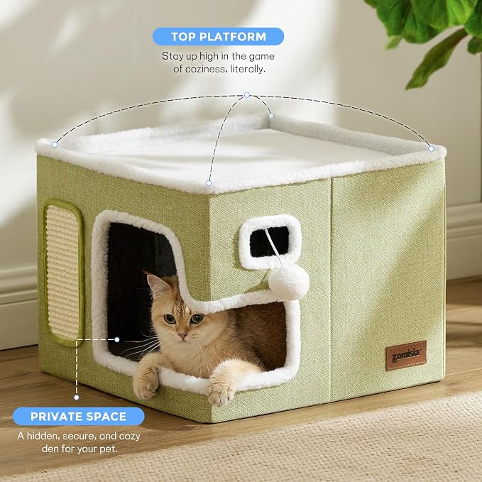 ZOMISIA Heated Cat House for Indoor Cats - Cat Warming Bed for Winter with Fluffy Ball Hanging and Adjustable Heating Pad, Foldable Cat Hideaway,16.5x16.5x13 inches, Green