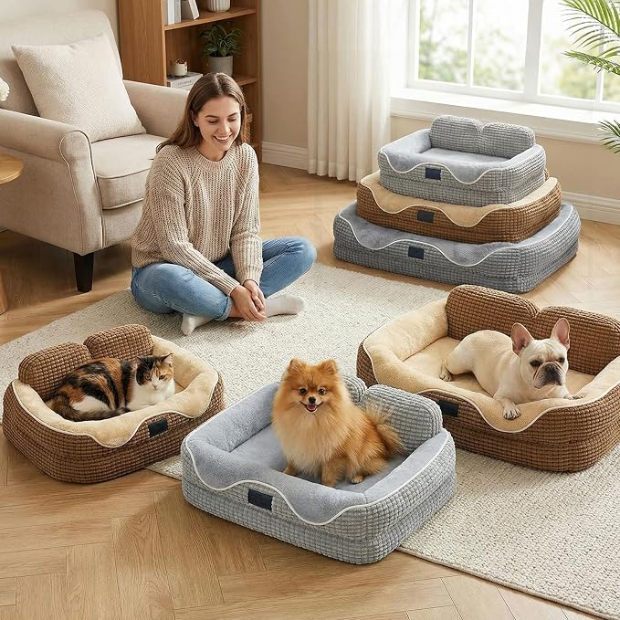 Veehoo Square Dog Bed Medium Size Dog, Orthopedic Dog Bed Couch Sofa, 28" | Washable & Medium Dog Bed for Indoor, Egg-Crate Memory Foam Dog Bed with Sides, Removable Cover, High Back Non-Slip Bottom