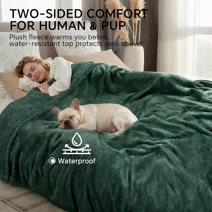 Luciphia Waterproof Blanket for Large Dog, Reversible Sherpa Couch Cover | waterproof pet blanket sherpa fleece reversible couch cover bed protector car from spills scratches, Dark Green 65" x 57"