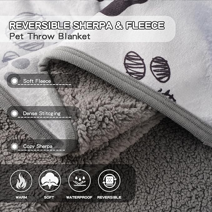 Waterproof Pet Blanket for Small Dogs and Cats 30"x40" | Washable Dog Blanket , Soft Fluffy Sofa Car Bed Protector, Reversible Sherpa Puppy Blanket (Light Grey-Paws)