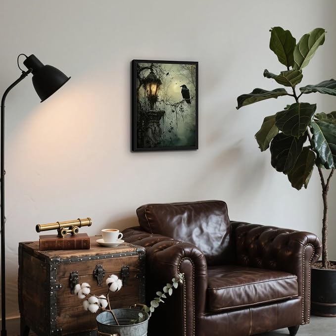 Gothic Decor Framed Wall Art, Vintage Dark Academia Canvas Prints, Horror Forest Crow Wall Decor for Living Room Bedroom Home Decor – Black Wooden Frame 12x16in
