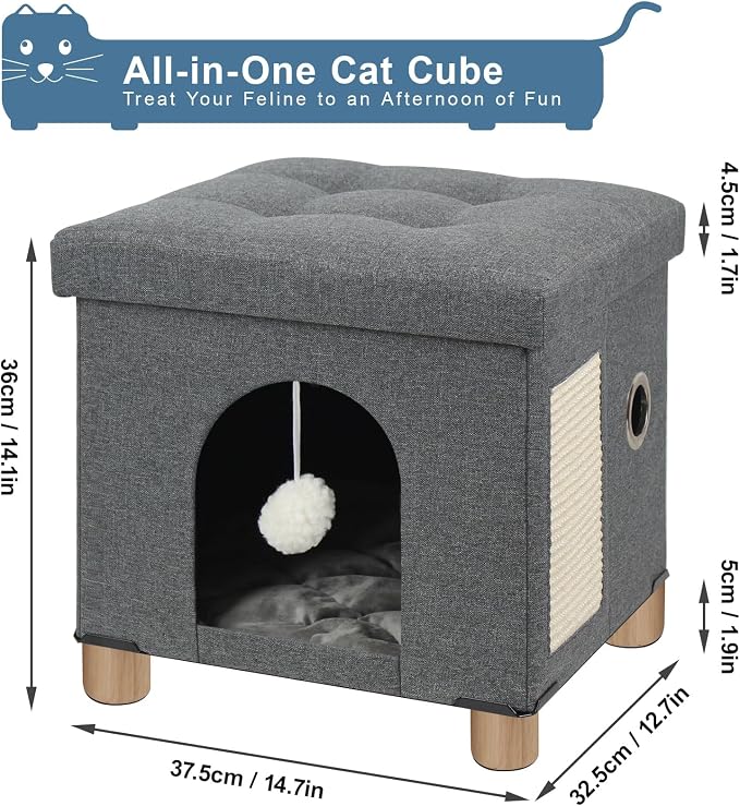BRIAN & DANY Cat Beds for Indoor Cats,Cat Cave House for Kitten with Scratch Board & Ball, 14.7” x 12.7” x 14.1”, Gray