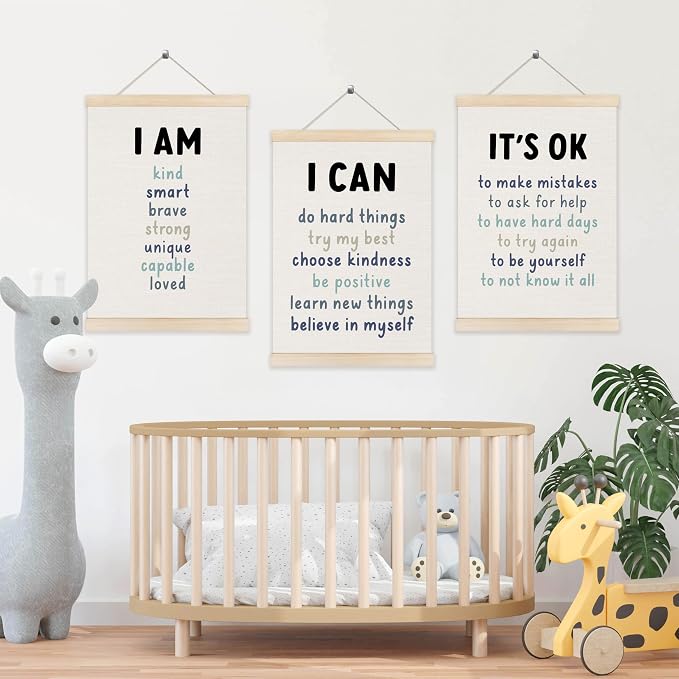Koesus Inspirational Classroom Blue Wall Art Poster Hanger Frame 12x16 Inch Set of 3, Positive Affirmations for Kids, Motivational Canvas Pictures Prints Framed Wall Decor for Classroom Kids Room