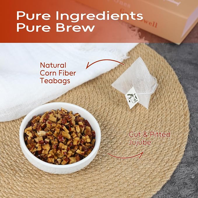FullChea - Jujube Tea, 40 Teabags – Premium Pitted Jujube Dates Tea Bags – Non-GMO - Caffeine-Free – Naturally Sweet, Smooth and Gently Nourishing – Traditionally Used for Calm Evenings