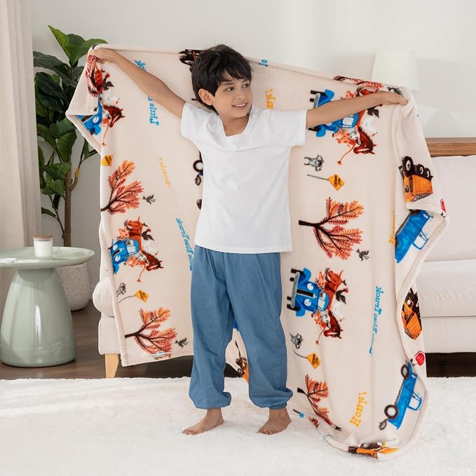 Berkshire Blanket - Officially Licensed Little Blue Truck Kids Throw Made with Signature VelvetLoft® Fabric, Pet-Friendly and Cozy Throw, 50 in x 60 in, Little Blue Truck - Stripe Neutral