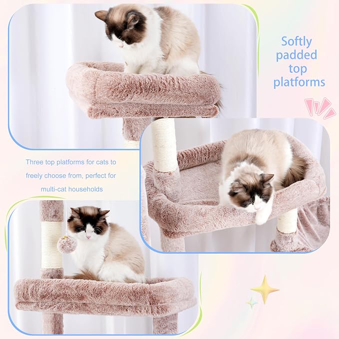 Hey-brother Cat Tree Tower with Stable Extended Base, 3 Platforms, MPJ038MU | 70.9 Inches Multi-Level Sisal Scratching Posts, Wide Bed, 2 Cozy Condos, 2 Hammocks, Toy Balls for Indoor Cats, Muchroom