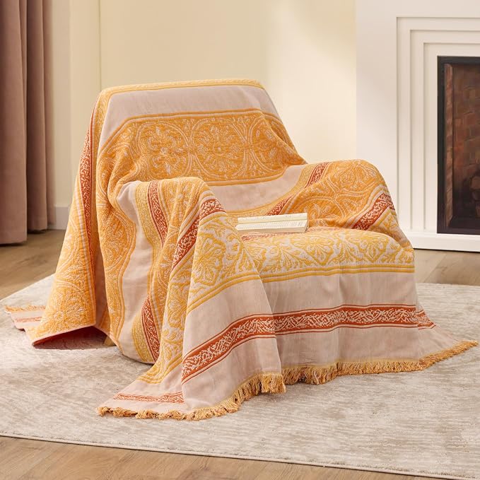 100% Cotton Boho Throw Blanket for Home Decor – Classic Farmhouse Quilt Bedding, Muslin Blankets for Adults, Vintage Woven Decorative Blanket for Couch, Bed Layering Use, Bohemian Stripe, 50"x60"