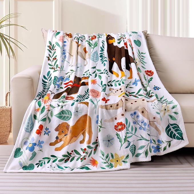 Dog Blanket Ultra Soft Floral Throw Blankets Gifts for Dog Lover Blanket Flower Leaves Flannel Fleece Throw Lightweight Warm Cozy Fuzzy Plus Cabin Blanket for Bed Sofa,60" X 80"