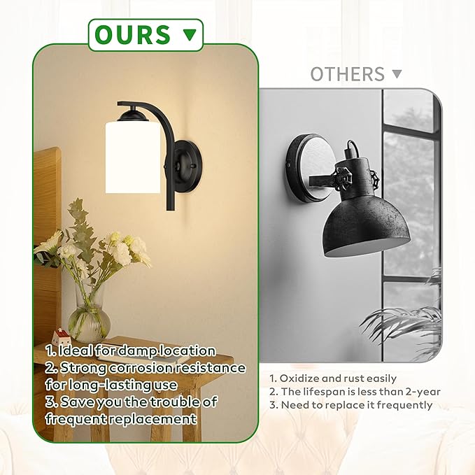 Wall Sconces Lights for Bedroom Bathroom, Modern Vanity Light Fixtures, Matte Black Farmhouse Wall Mount Lighting, Hardwired Wall Lights with Glass Shade for Living Room Mirror Hallway