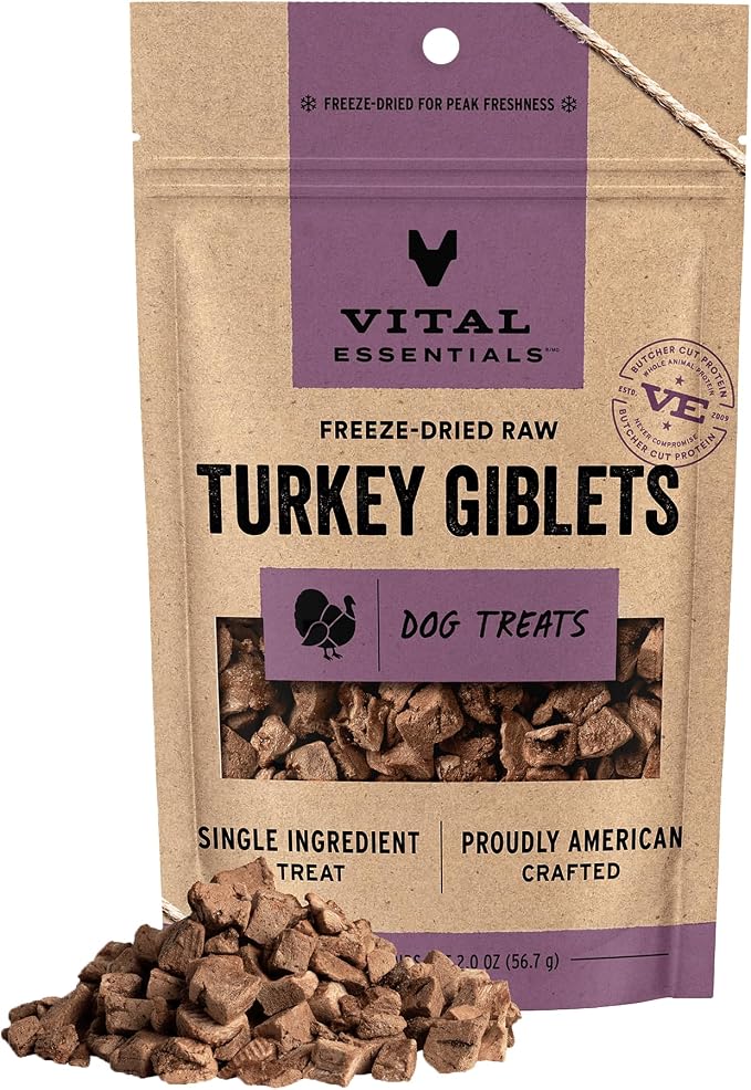 Vital Essentials Freeze Dried Dog Treats, Turkey Giblets, 2 oz Bag | Single Ingredient, Premium Quality, Grain Free Training Treats, USA Made with U.S. & Globally Sourced Ingredients
