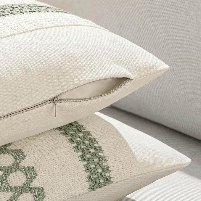 MIULEE Set of 2 Sage Green Boho Decorative Pillow Covers 24x24 Inch | Farmhouse Couch Throw Pillows, Modern Cotton Cushion Covers, Macrame Woven Spring Home Decor for Bed Sofa Chair
